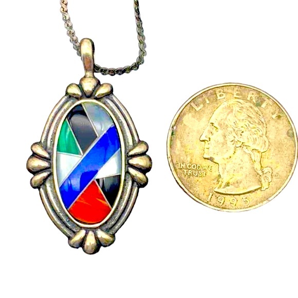 Carolyn Pollack Relios Southwest Style .925 Silver Pendant Necklace Stone Inlay - Picture 3 of 4